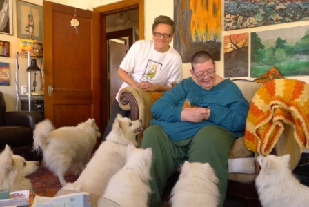 Stephen and Susan Sehi-Snith share their Albuquerque flat with a White Dog Army, whose individual monikers we wouldn't dare to risk misidentifying.